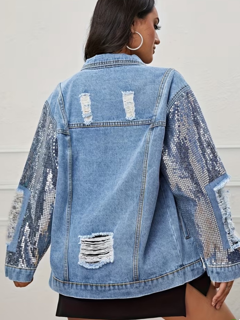 Blue Distressed Sequin Sleeve Denim Jacket Trendy Women's Spring Fashion Coat - Picture 4 of 6
